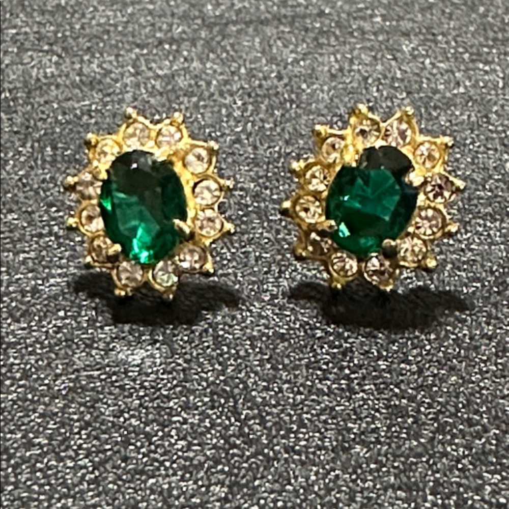 Roman Emerald Green & Clear Glass Rhinestone Signed Vintage Earrings